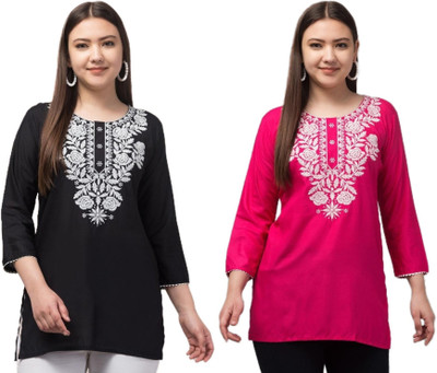 Synthify Women Chikan Embroidery A-line Kurta(Black, Pink)