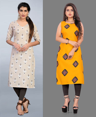 tanvi creation Women Printed Straight Kurta(Beige, Yellow)
