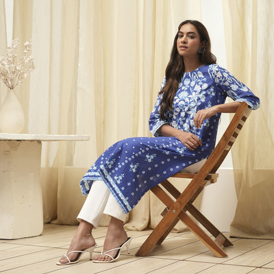 BIBA Women Printed Straight Kurta(Blue)