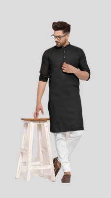 HouseOfCommon Men Solid A-line Kurta(Black)