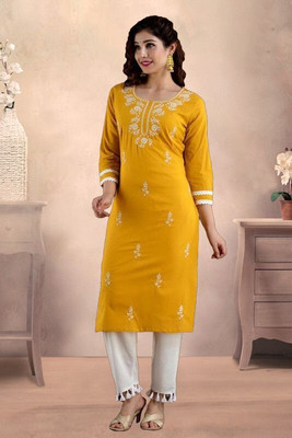 SISTO Women Chikan Embroidery Straight Kurta(Yellow)
