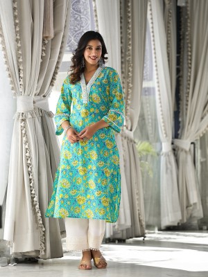 Varanga Women Printed Flared Kurta(Light Green)