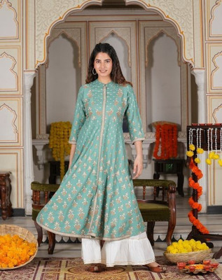 Yash Gallery Women Printed Anarkali Kurta(Green)