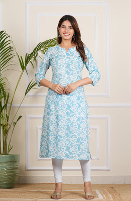PROSUVINU Women Floral Print Straight Kurta(Blue)