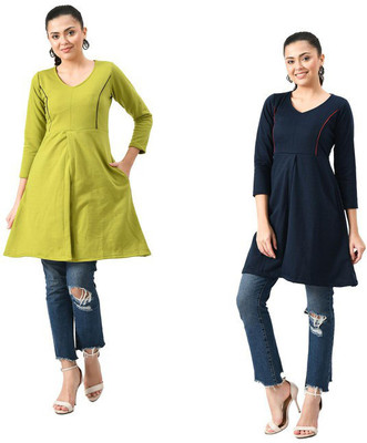 KAVYA Women Solid A-line Kurta(Dark Blue, Light Green)