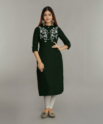 NEW4U Women Embroidered Straight Kurta(Dark Green)