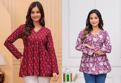 ARZOO Women Floral Print, Printed Flared Kurta(Maroon, Purple)