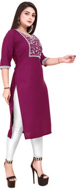 KURTIFABRIC Women Embroidered A-line Kurta(Purple)