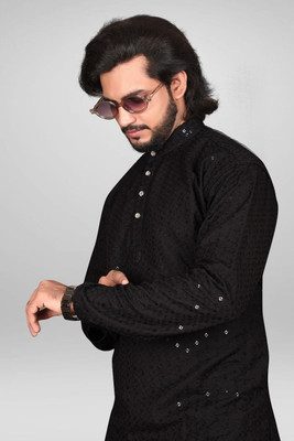 Alankrit Textiles Men Chikan Embroidery A-line Kurta(Black)