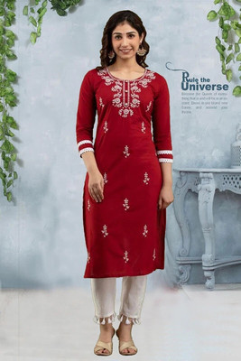 HouseOfCommon Women Chikan Embroidery Straight Kurta(Maroon)