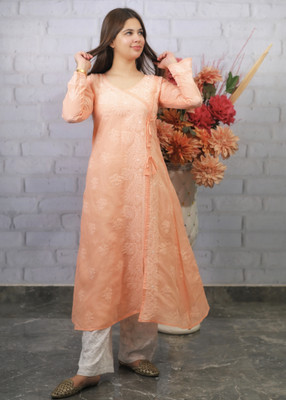 Chikirpolo Women Chikan Embroidery A-line Kurta(Beige)