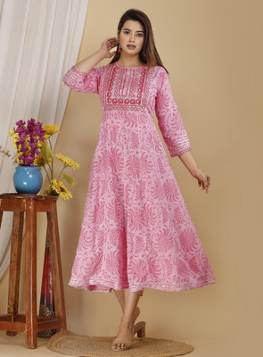 Chahit Women Printed, Embroidered Anarkali Kurta(Pink)