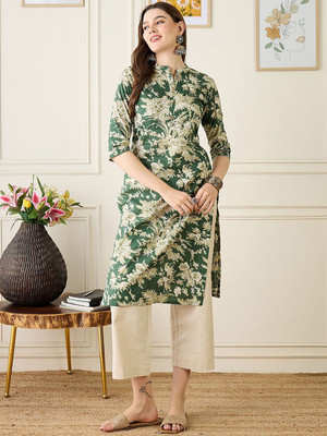 ANOUK Women Floral Print Straight Kurta(Green)