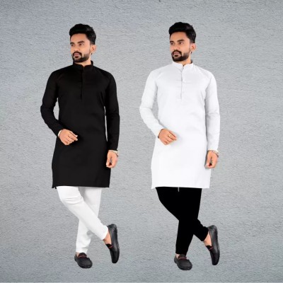 SANMIKA Men Solid Straight Kurta(Black, White)