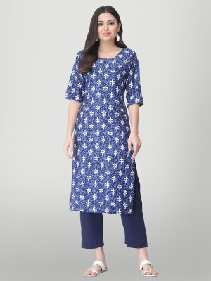 1 Stop Fashion Women Printed Straight Kurta(Blue, White)