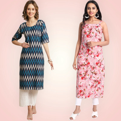 KAUTAQI Women Printed Straight Kurta(Multicolor)