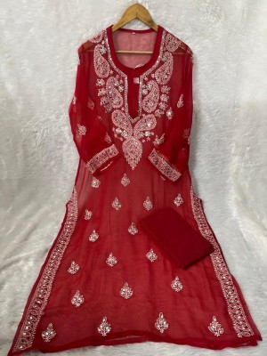 Chikankari Women Chikan Embroidery Straight Kurta(Red)