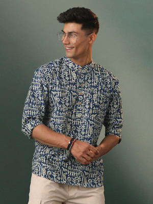 Shvaas By Vastramay Men Printed Straight Kurta(Dark Blue)