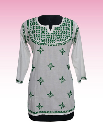 The Chikankari Story Women Chikan Embroidery Straight Kurta(Dark Green, White)