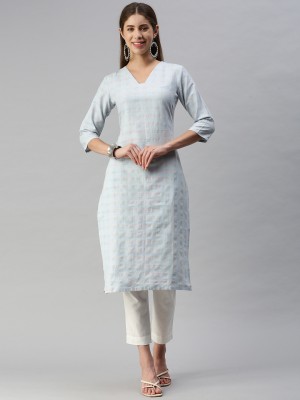 Hritika Women Checkered Straight Kurta(Light Blue, Beige)