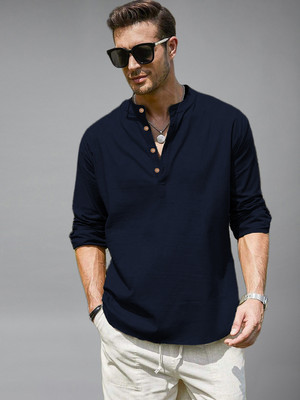 BHUVIKOO Men Solid A-line Kurta(Dark Blue)