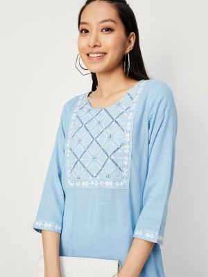 MAX Women Printed Straight Kurta(Light Blue, White)