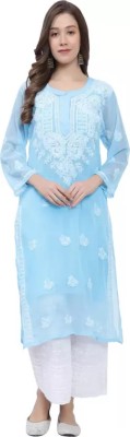 SUI DHAAGA Women Chikan Embroidery Straight Kurta(Light Blue, White)