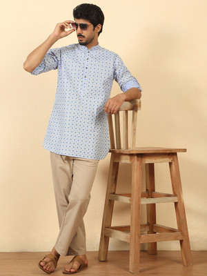 kraft india Men Floral Print Straight Kurta(Light Blue)