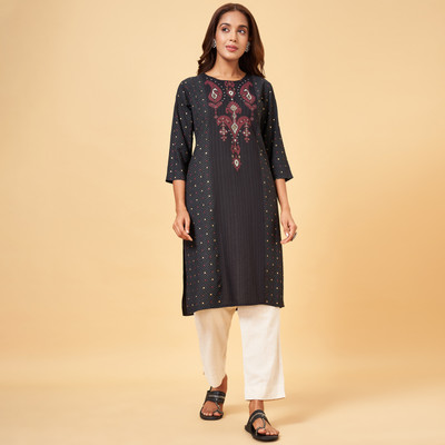Rangmanch by Pantaloons Women Printed Straight Kurta(Black)