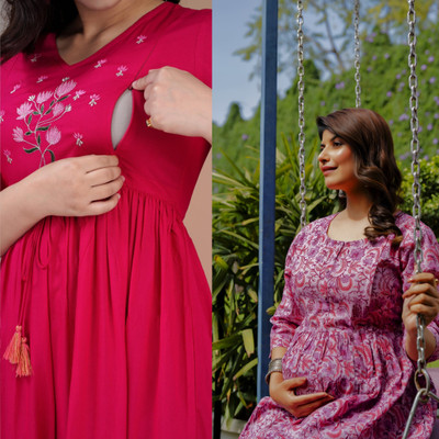 Khoj Bagda Women Printed Flared Kurta(Pink)