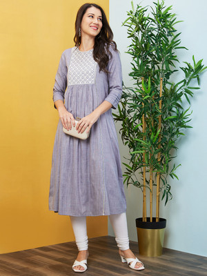 Globus Women Woven Design A-line Kurta(Grey)