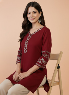 Mahira's Comfort Women Embroidered A-line Kurta(Maroon)