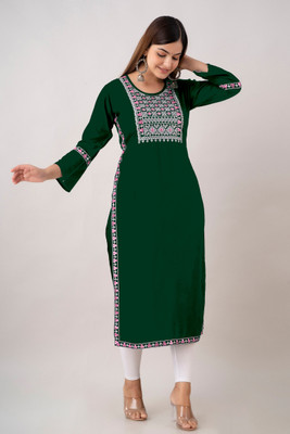 fantasy fab Women Embroidered Straight Kurta(Dark Green)