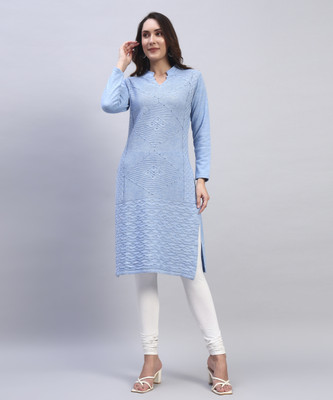HEMLOCK Women Self Design Straight Kurta(Light Blue)