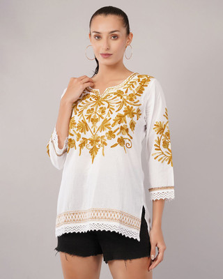 Braziliantunic Women Embroidered A-line Kurta(Yellow, White)