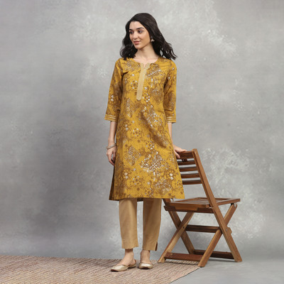 RANGRITI Women Printed Straight Kurta(Yellow)