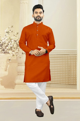 Shree Dutt Creation Men Solid Straight Kurta(Orange)