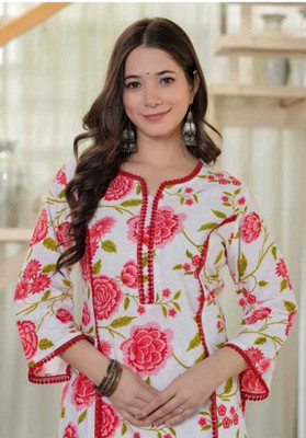 AZQU Women Printed Straight Kurta(Red)