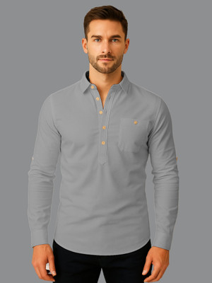 indirae Men Solid A-line Kurta(Grey)