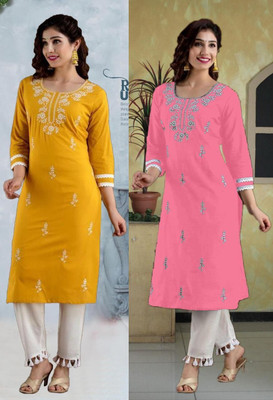 vikshi Women Chikan Embroidery A-line Kurta(Pink, Yellow)