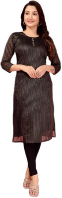 Irenzz Enterprise Women Striped Straight Kurta(Black)
