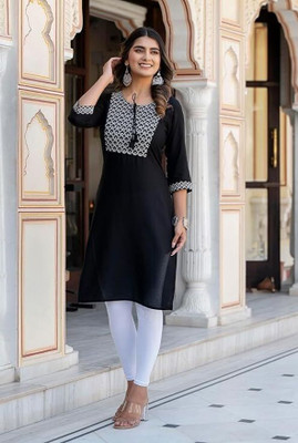 ssf Women Geometric Print Straight Kurta(Black)