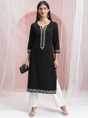Vishudh Women Embroidered Straight Kurta(Black)