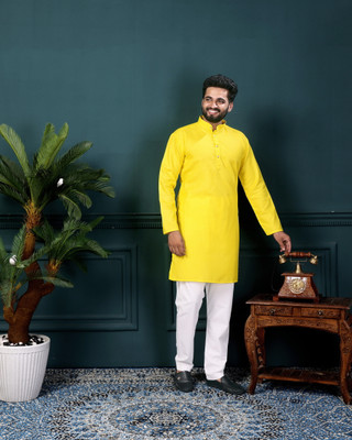 ORIFAB Men Solid Straight Kurta(Yellow)