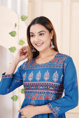 DAEVISH K Women Floral Print A-line Kurta(Dark Blue)