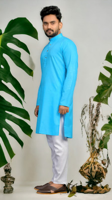 M Biswas Men Solid A-line Kurta(Light Blue)