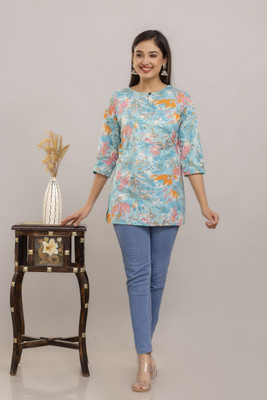 Chanda Textile Women Printed Straight Kurta(Light Blue)