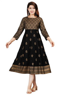 SIPEAK Wear Better, Look Better Women Block Print Flared Kurta(Black)