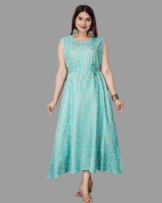 aayusika Women Block Print Flared Kurta(Light Blue)