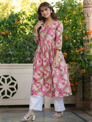 Janasya Women Floral Print A-line Kurta(Pink)